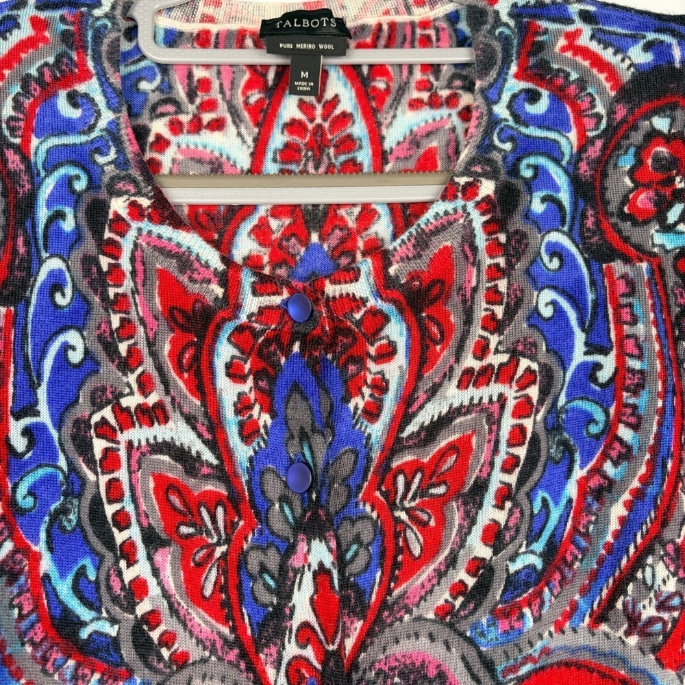 Talbots Cardigan Size M Blue Red Paisley Merino Wool Button Front Sweater - Picture 2 of 9